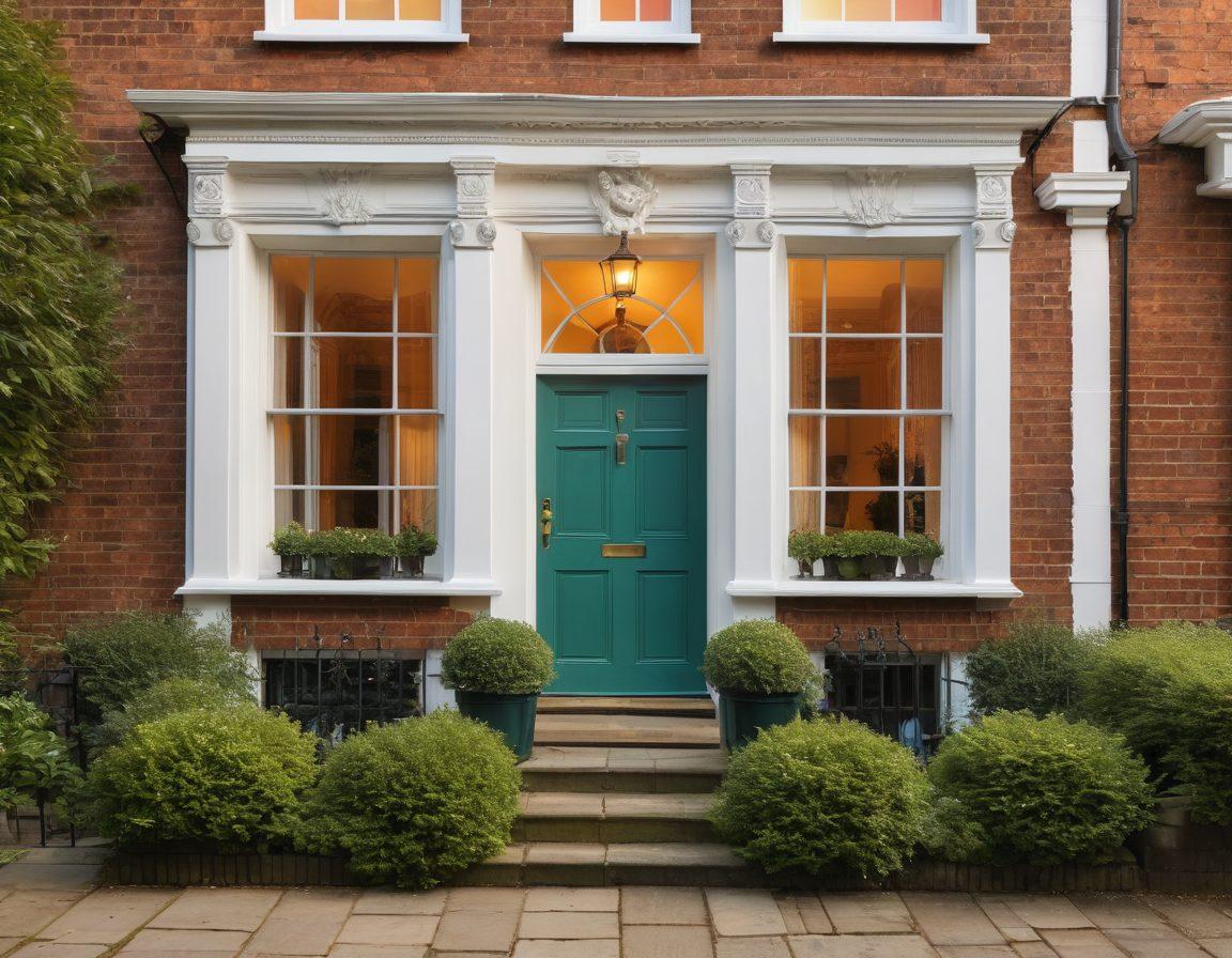 A picturesque Georgian terrace street lined with elegant, symmetrical homes featuring large sash windows and ornate doorways. Lush greenery adorns the front gardens, while the backdrop showcases classic Georgian architectural details like pediments and decorative cornices. The warm glow of sunset casts a nostalgic light over the scene, inviting viewers to explore its charm. super-realistic. vibrant colors. 3D.