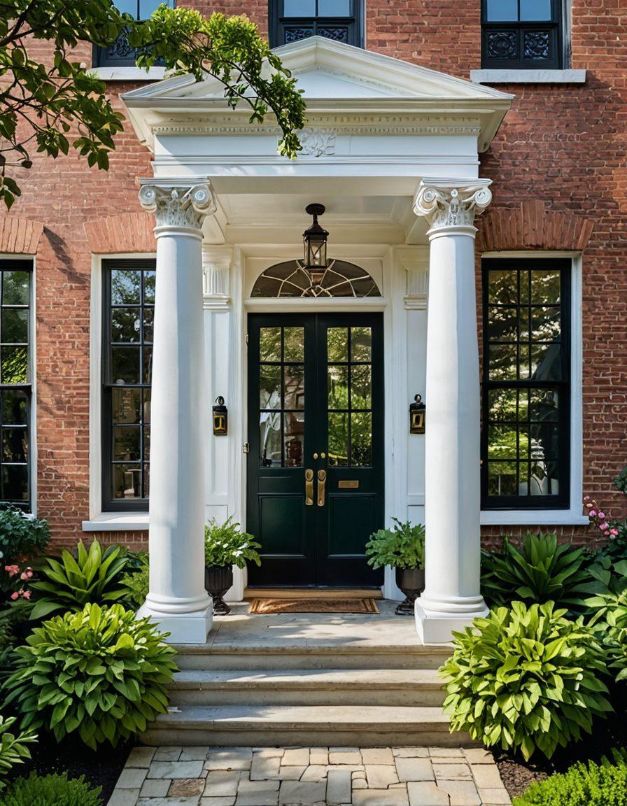 A beautifully renovated Georgian-style home showcasing elegant architectural details like tall columns, symmetrical windows, and decorative moldings. The front garden features lush greenery and colorful flowers, giving a welcoming vibe. Inside, glimpses of classic furnishings and rich fabrics reflect timeless decor trends. The overall setting encapsulates a blend of historical charm and modern comfort. vibrant colors. super-realistic. natural lighting.