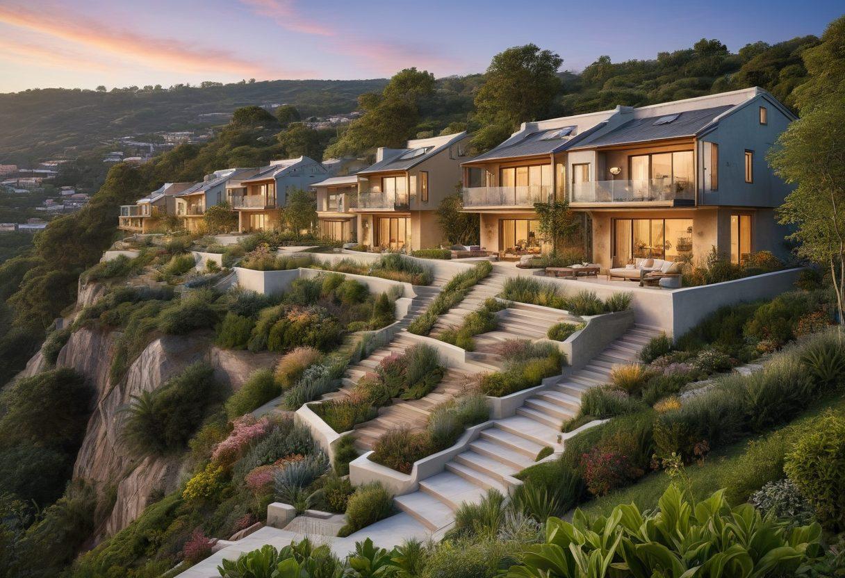 A serene landscape showcasing an array of terraced homes cascading down a hillside, each distinct in design yet harmoniously blending with nature. Vibrant greenery surrounds the homes, emphasizing community living with small gardens and outdoor spaces where neighbors interact. The sky is a soft pastel hue at sunset, casting warm accents on the terraced structures. Subtle architectural details highlight the traditional methods used in construction. vibrant colors. super-realistic.